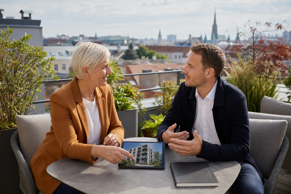 Symbolischer fachlicher Austausch auf einer begrünten Dachterrasse